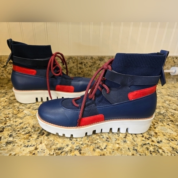 FITFLOP GLACE KNIT LEATHER MIDNIGHT NAVY RED LACE UP ANKLE BOOTS WOMEN'S 9 - Picture 5 of 8